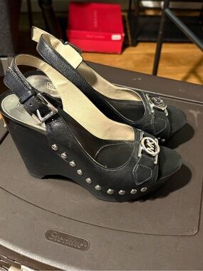 MICHAEL Michael Kors Black Leather Studded Wedge Sandals with Silver MK Logo
